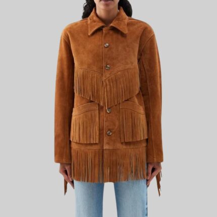 Front pose of a-women's suede fringe jacket