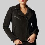 Front view of a-black suede moto jacket for women pose 1