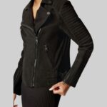 Front view of a-black suede moto jacket for women, pose 2