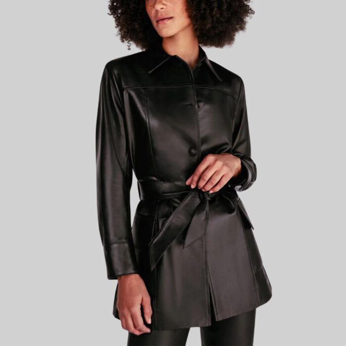 Front view of a chic-short leather trench coat