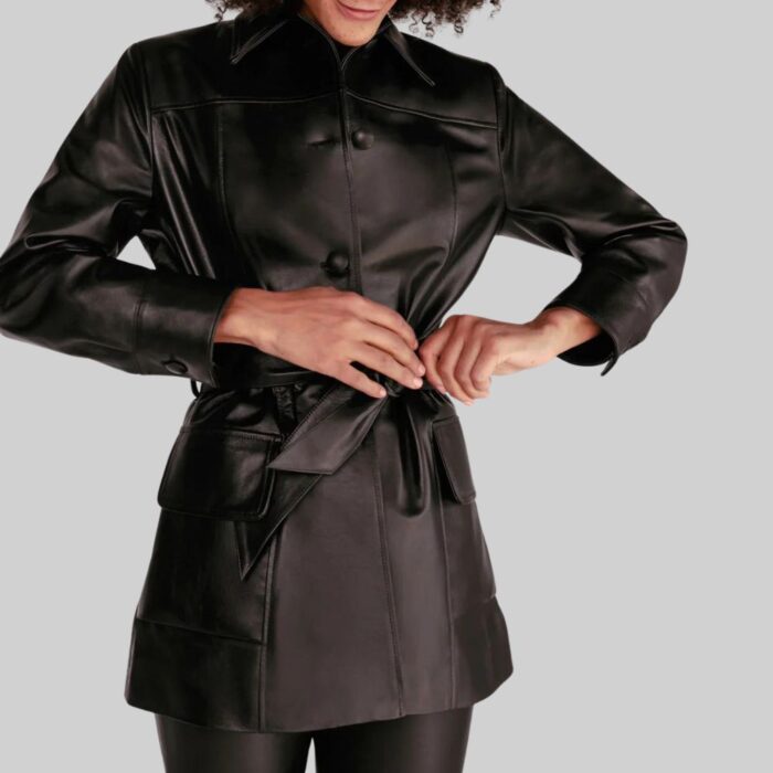 Front view of a modern-short leather trench coat