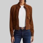 Front view of a stylish-brown suede jacket for women