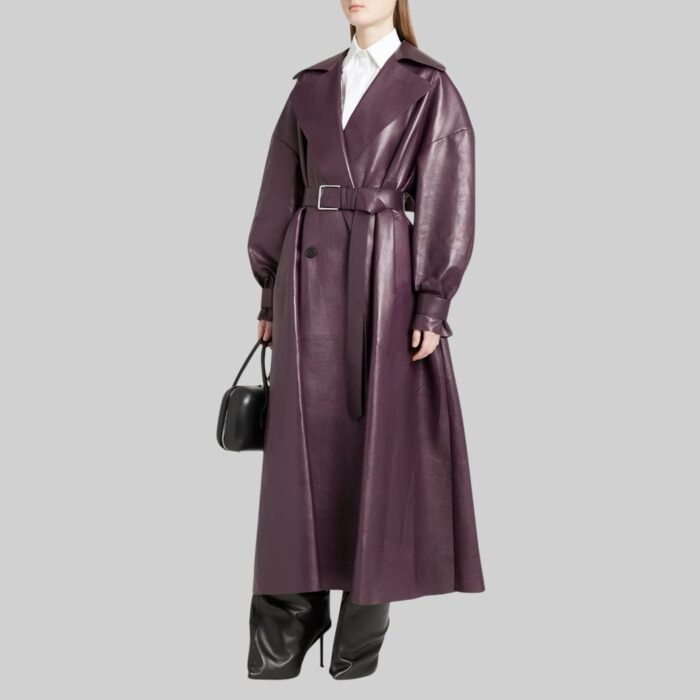 Front view of a stylish-purple leather coat for women