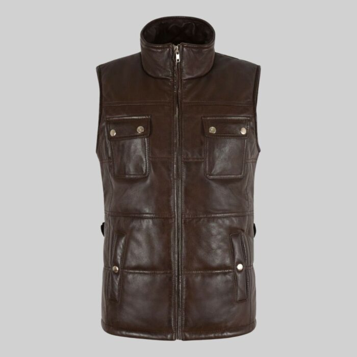 Front view of a stylish-quilted leather vest