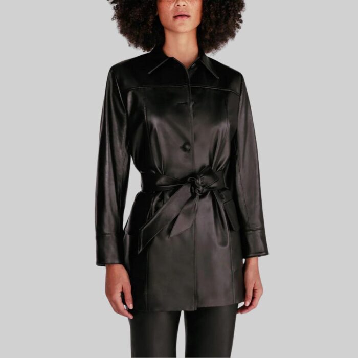 Front view of a stylish-short leather trench coat