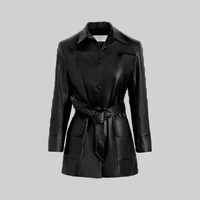 Front view of a trendy-short leather trench coat