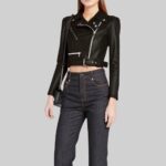 Front view of a-women's black cropped leather jacket