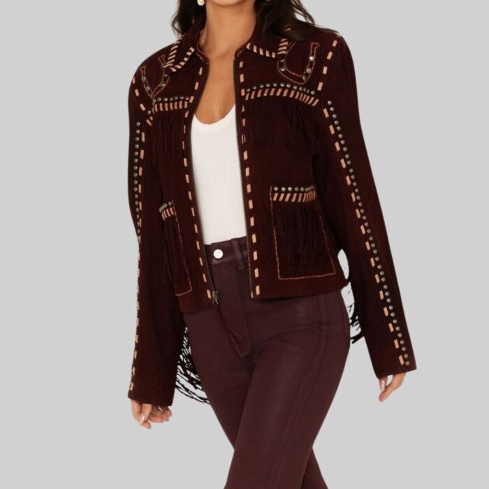 Front view of a-women's suede western jacket