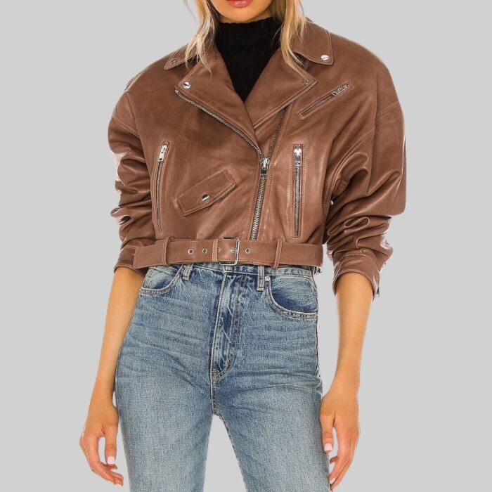 Front view of-cropped leather moto jacket