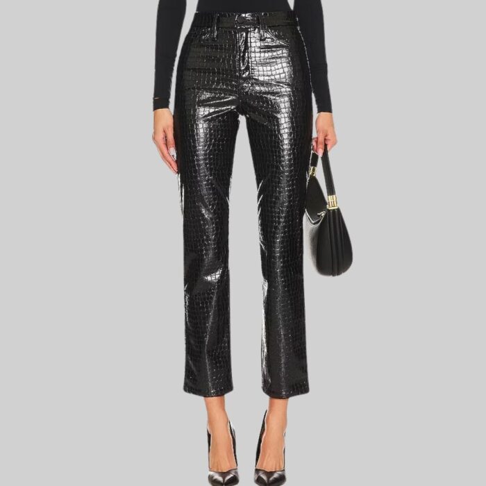 Front view of-women black leather pants