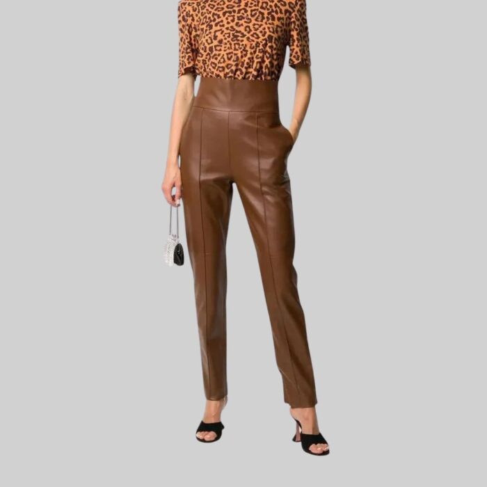 Front view of-women brown leather pants