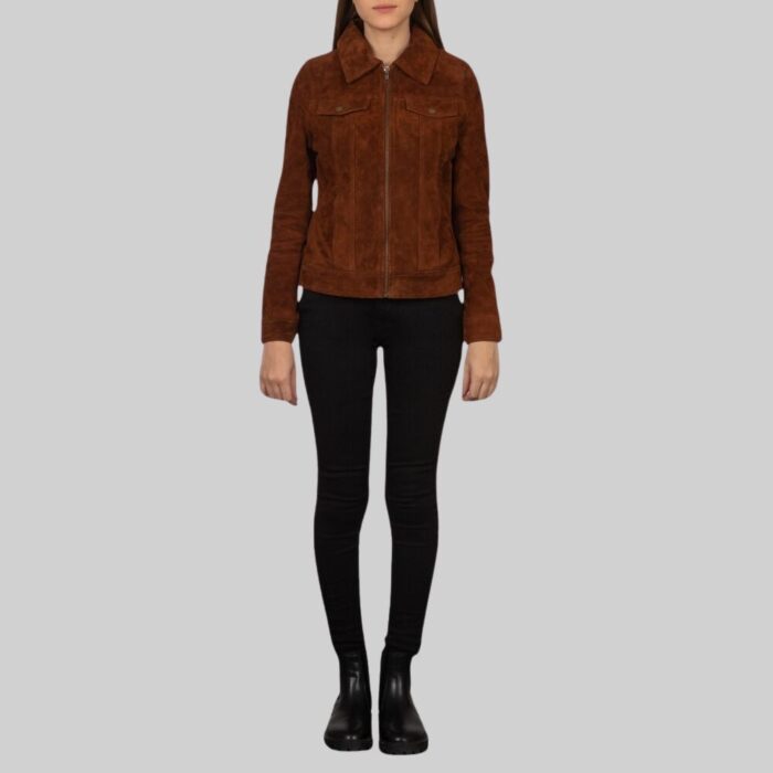 Full view of a-brown suede jacket for women