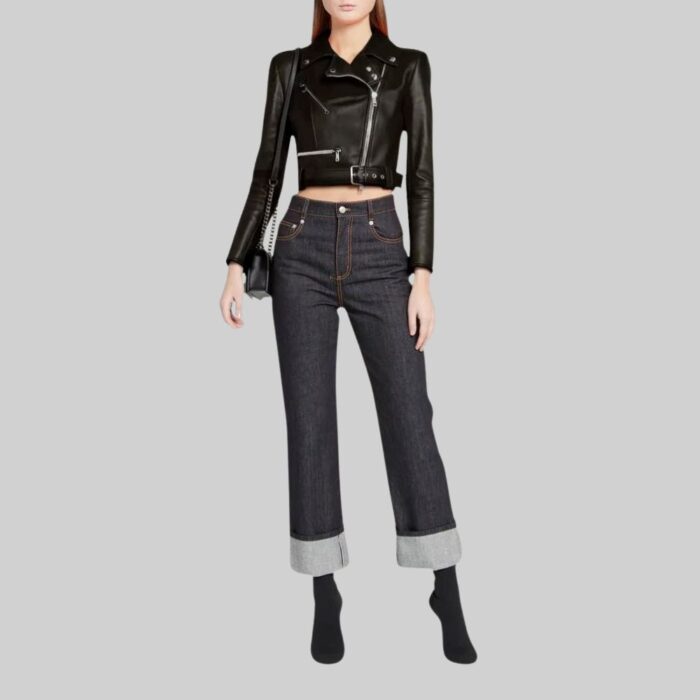 Full view of a-women's black cropped leather jacket