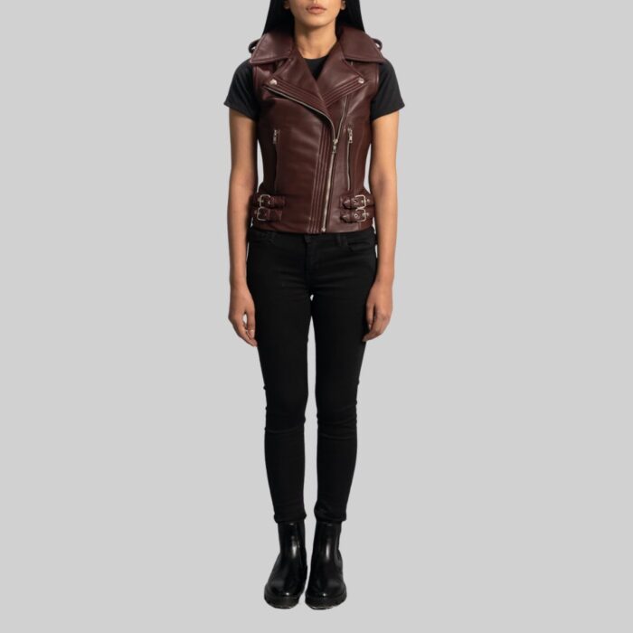 Full view of burgundy leather vest