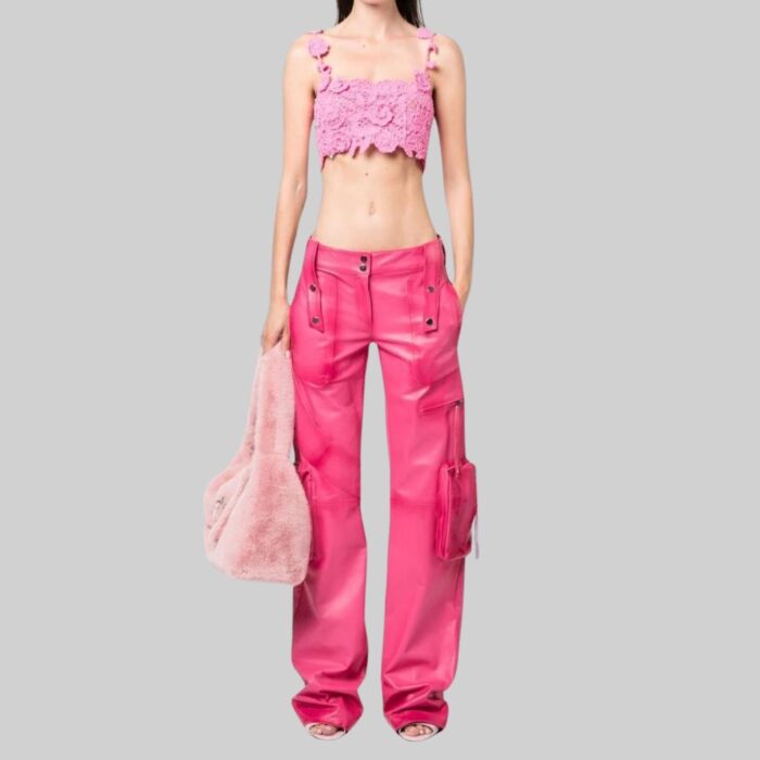 Full view of chic-pink leather pants