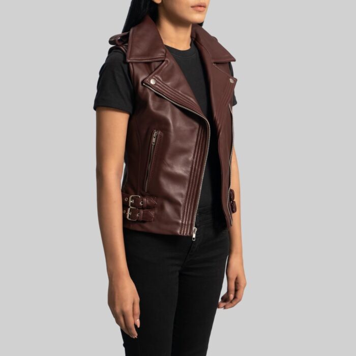 Maroon leather vest-side view