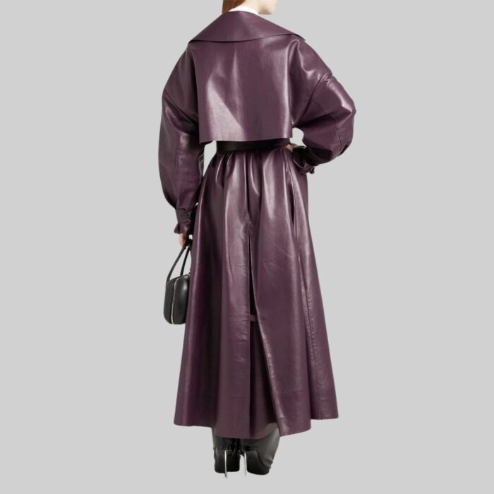 Rear view of the elegant-violet leather coat for women