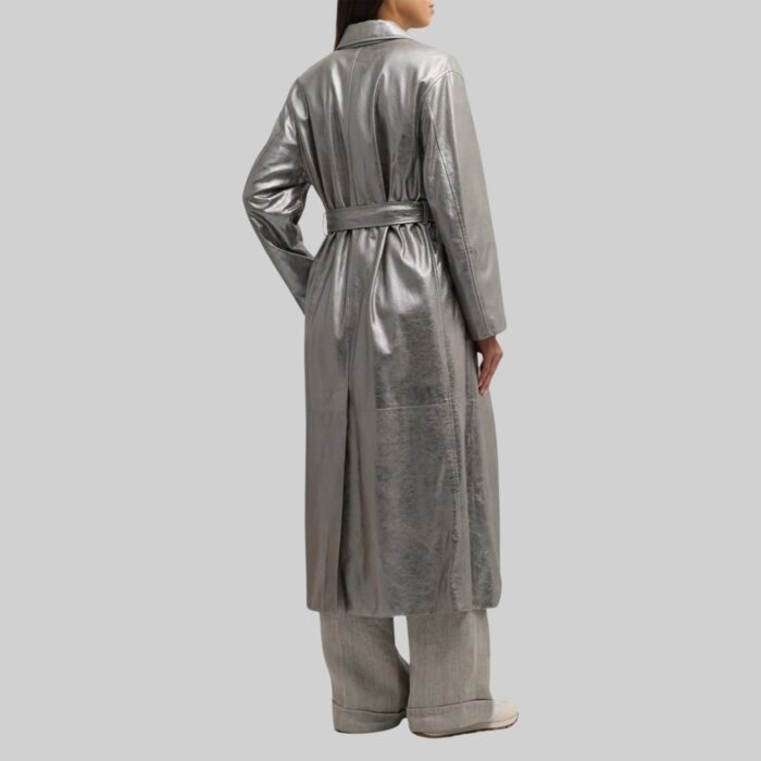 Rear view of the shimmering-metallic leather overcoat