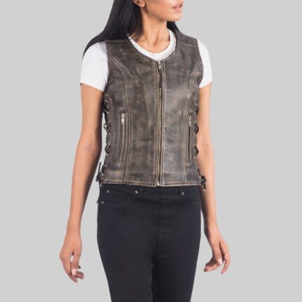 Second front view of-distressed brown leather motorcycle vest