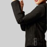 Side view of a-black suede moto jacket for women