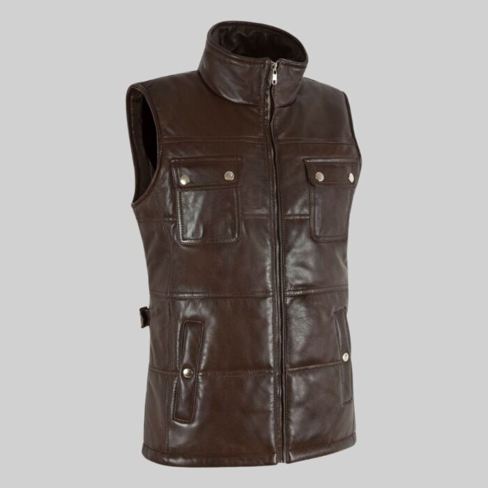 Side view of a fashionable-quilted leather vest