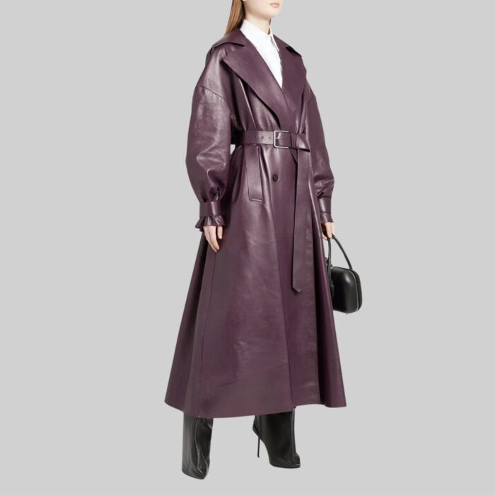 Side view of the chic-purple leather coat for women