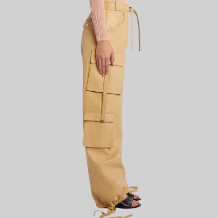 Side view of-women leather cargo pants