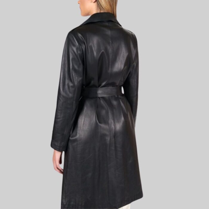 Women's black leather overcoat-back view