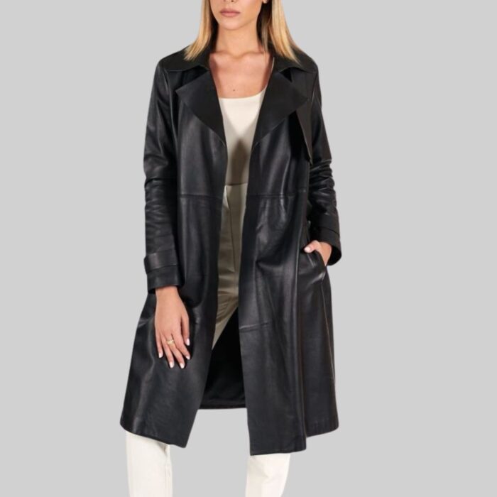 Women's black leather trench coat-front button open