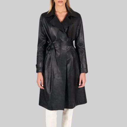 Women's black leather trench coat-front view 1