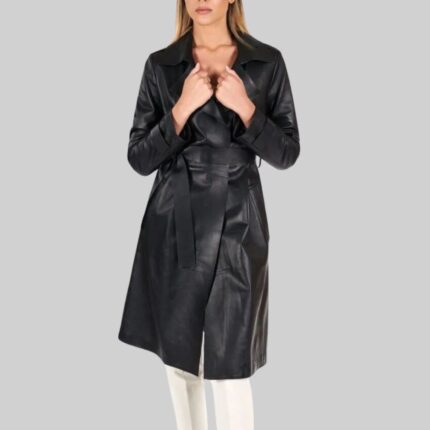 Women's black leather trench coat-front view 2