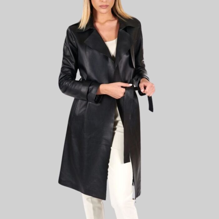 Women's black leather trench coat-front view 3