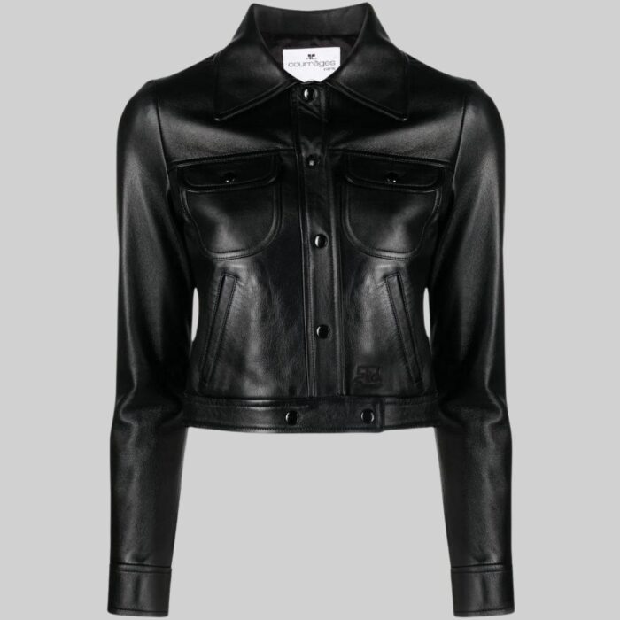 Women's cropped black leather jacket-front view 2