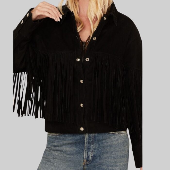 Women's suede jacket with fringe-front pose 1