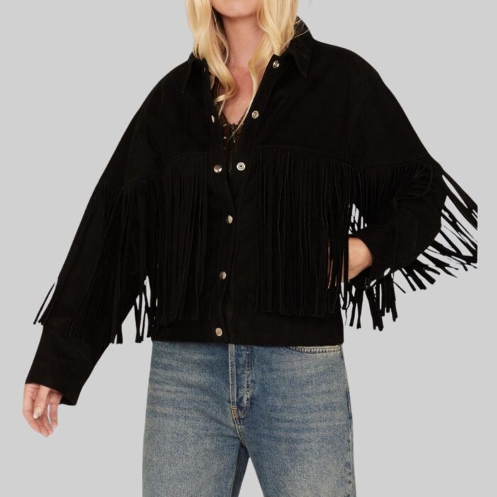 Women's suede jacket with fringe-front pose 2