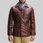 Alternate front view of-mens brown leather trench coat