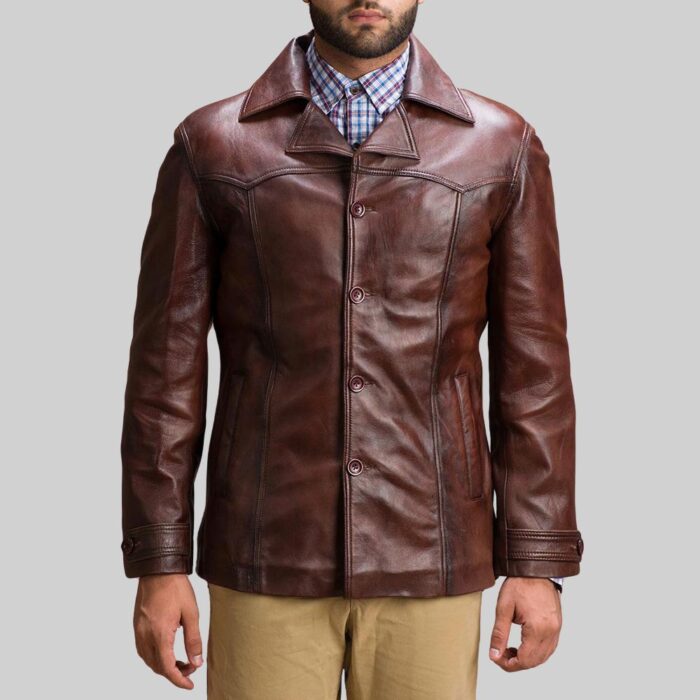 Alternate front view of-mens brown leather trench coat