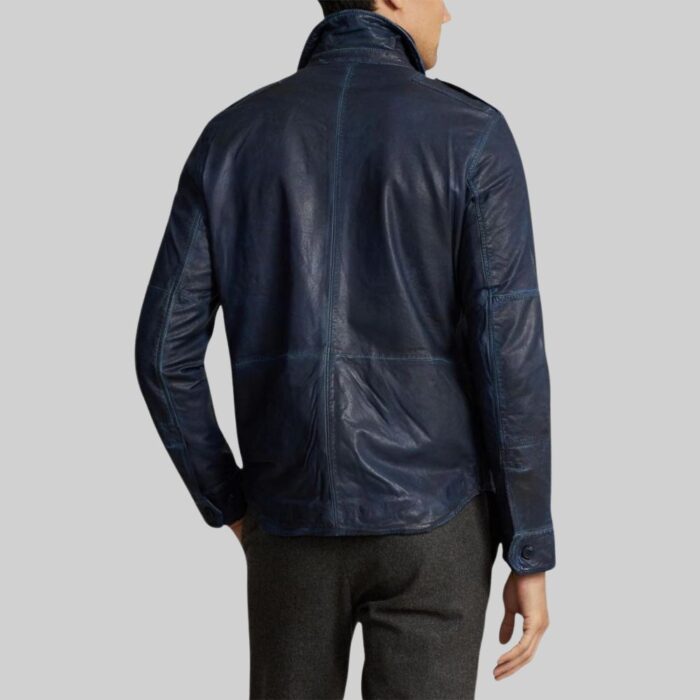 Back view of the-blue leather jacket for mens