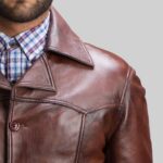 Closeup view of-mens brown leather overcoat