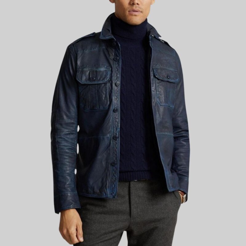 Front view of a-blue leather jacket for mens