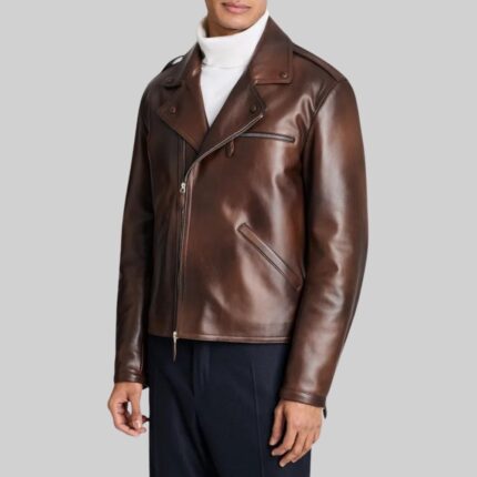 Front view of a stylish-brown leather jacket for men