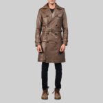 Front view of-men's brown leather trench coat