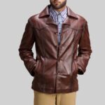 Front view of-mens brown leather trench coat