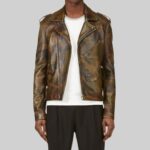 Front view of-mens camo leather jacket