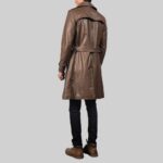 Rear view of-men's brown leather trench coat