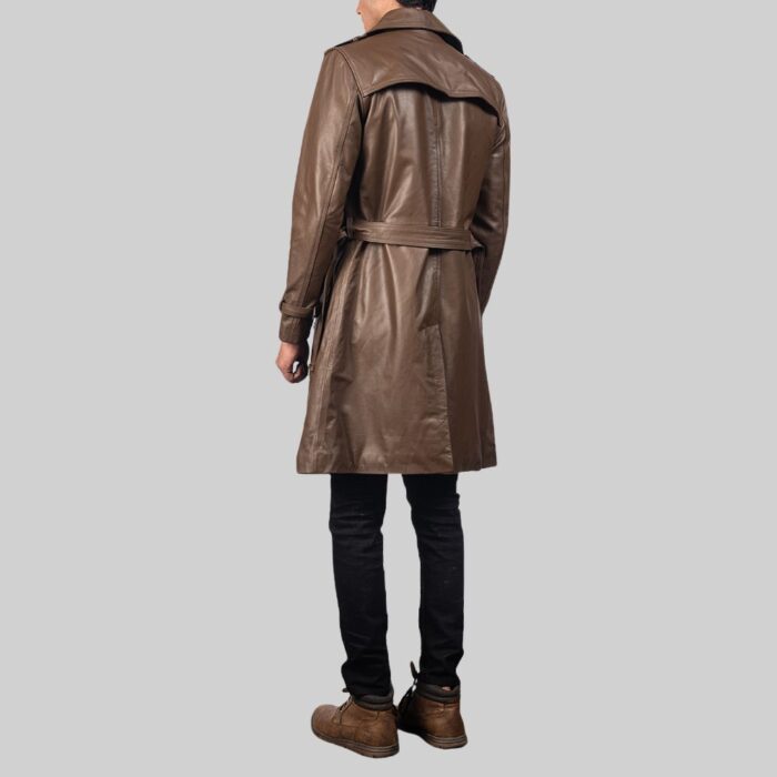 Rear view of-men's brown leather trench coat