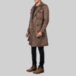 Side view of-men's brown leather trench coat