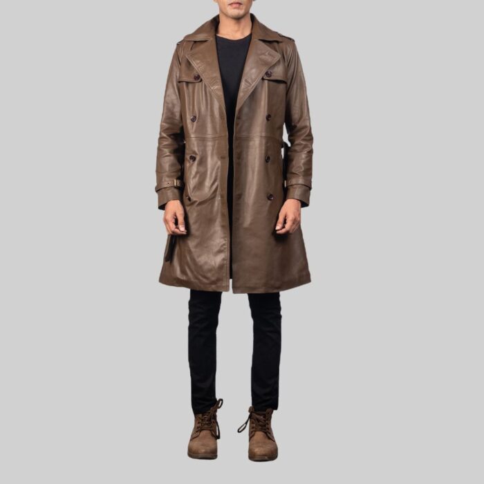 Stylish front view of-men's brown leather trench coat