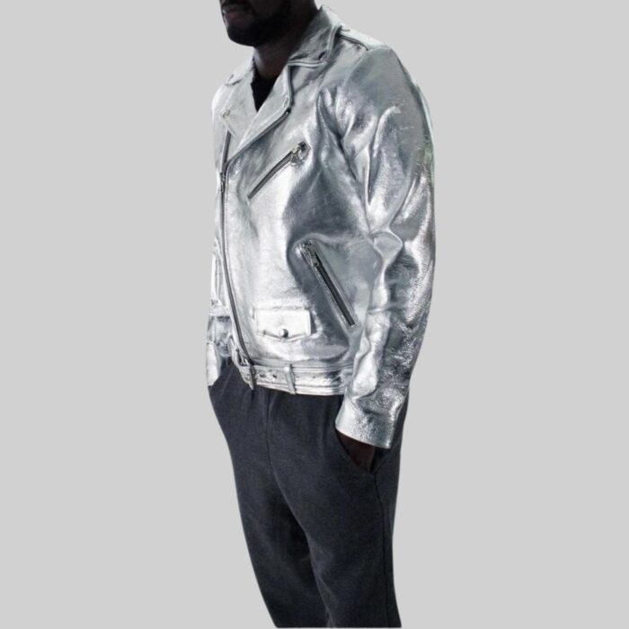 Left side view of the chic-silver metallic leather jacket