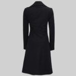 Back view of a-women's black long wool coat